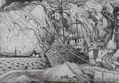Montrreal, le port, c.1940 etching